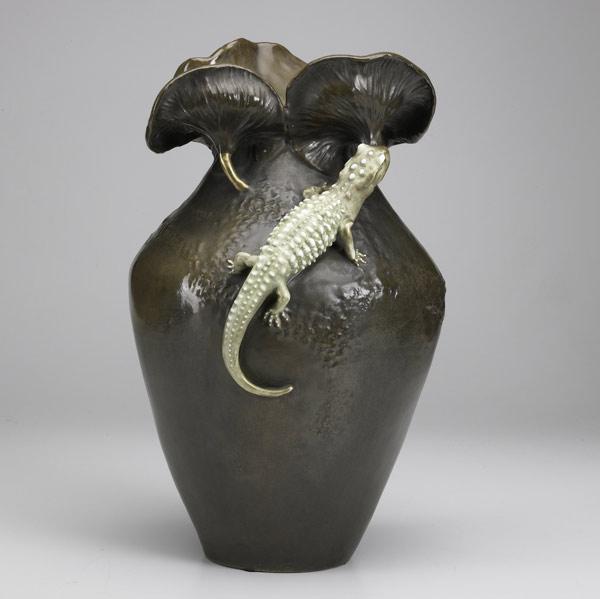 Appraisal: EDWARD STELLMACHERTall Amphora ceramic vase with lizard ca tight line