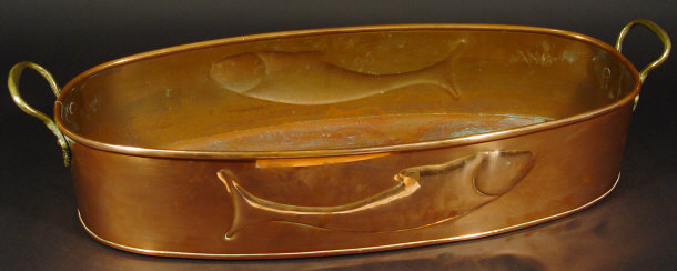 Appraisal: Arts and Crafts oval copper bowl with brass handles embossed