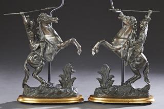 Appraisal: Pair of Patinated Spelter Classical Warriors on Ho Pair of