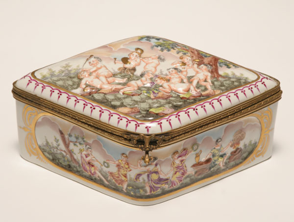 Appraisal: Capo di Monte lidded casket putti and satyr infants frolic