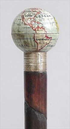 Appraisal: BAMBOO WALKING STICK WITH TERRESTRIAL GLOBE HANDLE The metal sphere