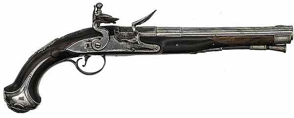 Appraisal: Silver Mounted English Flintlock Pistol bore diameter octagonal-to-round barrel Silver