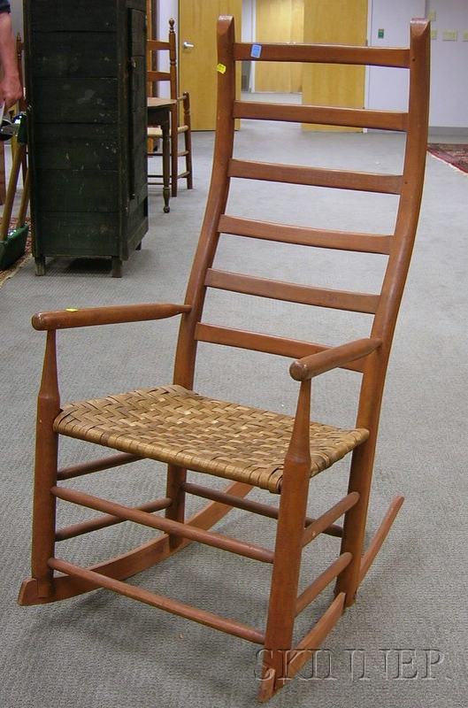 Appraisal: Maple Crooked Ladder-back Rocking Armchair with Woven Splint Seat