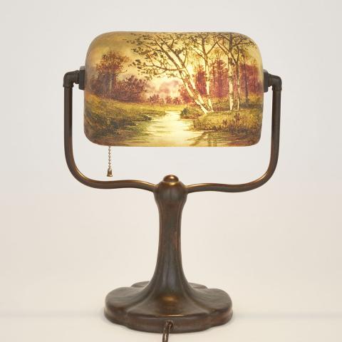 Appraisal: Handel Scenic Desk Lamp c the signed enamelled etched glass