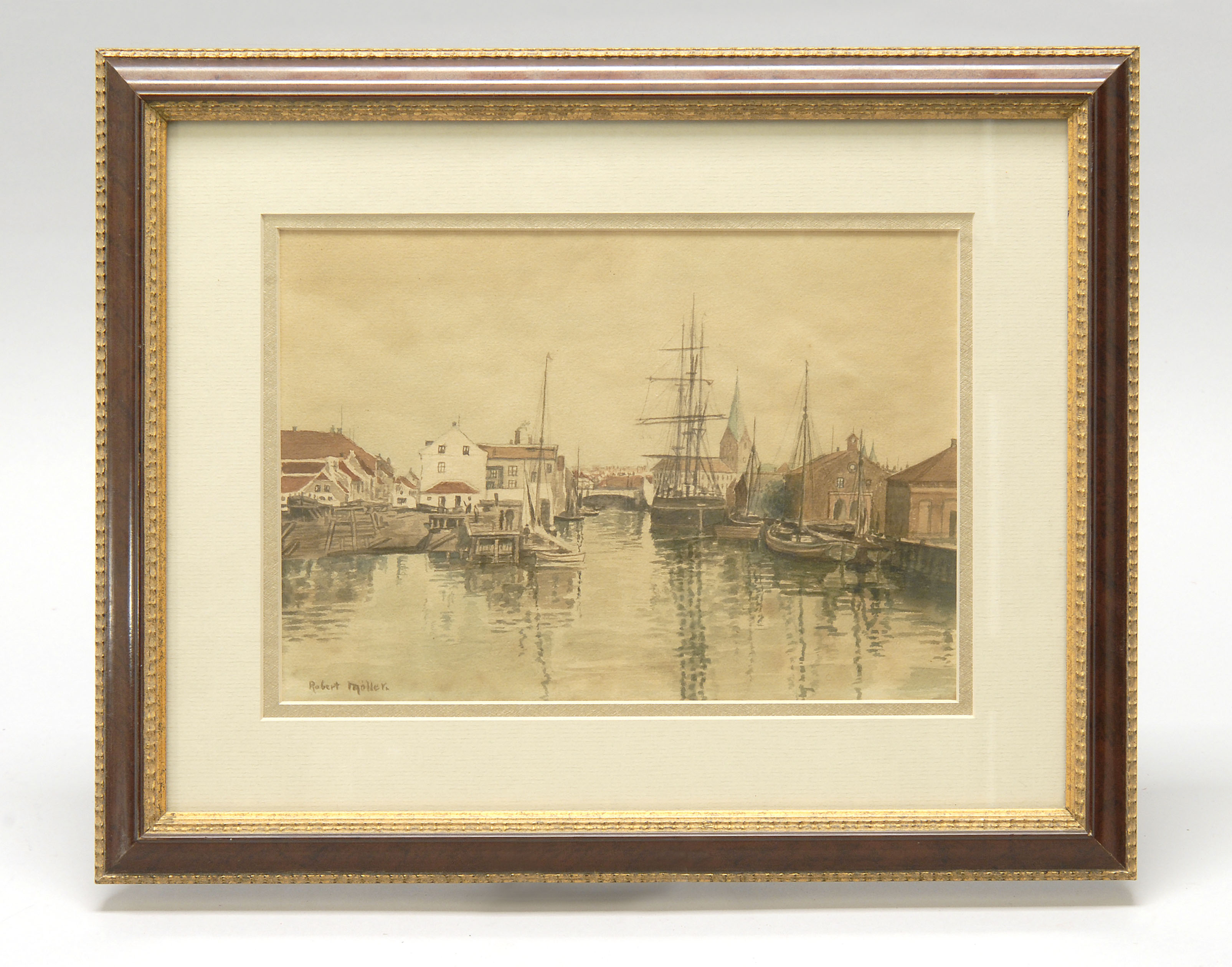 Appraisal: FRAMED WATERCOLOR UNTRACED ARTIST European harbor scene Signed lower left