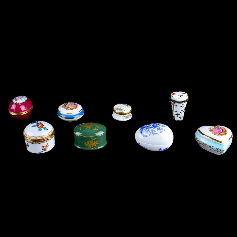 Appraisal: Collection of Eight Limoges Porcelain Boxes Collection of Eight Limoges