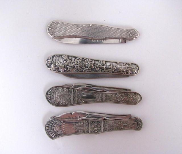 Appraisal: Four Sterling Silver Victorian Style Pocket Knives