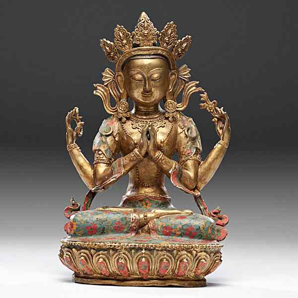 Appraisal: Cloisonn Avalokitesvara Sino-Tibetan A bronze four-armed Avalokitesvara with a five-pointed