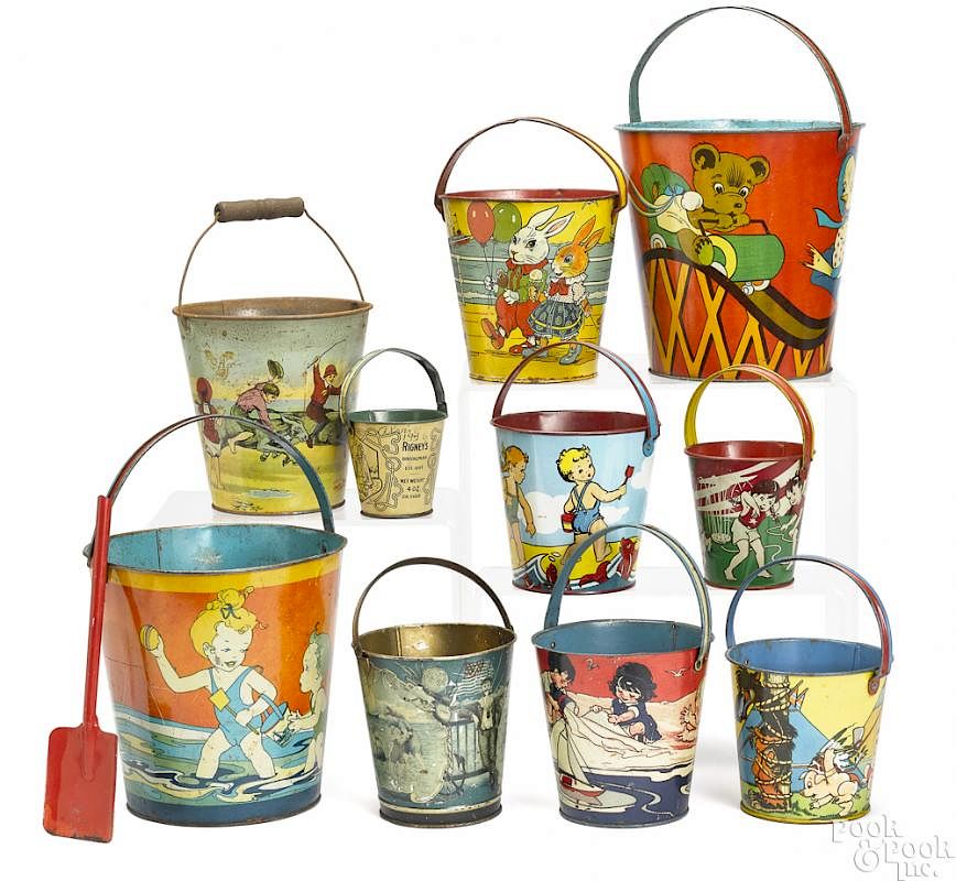 Appraisal: Collection of ten tin lithograph sand pails Collection of ten