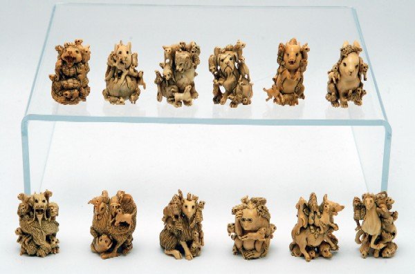 Appraisal: Set of finely carved ivory Netsuke with animal motifs All