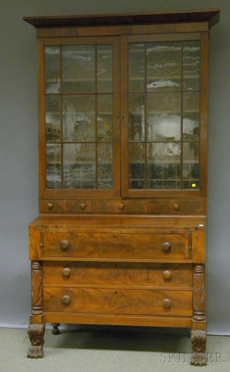 Appraisal: Empire Glazed Carved Mahogany and Mahogany Veneer Writing Desk Bookcase