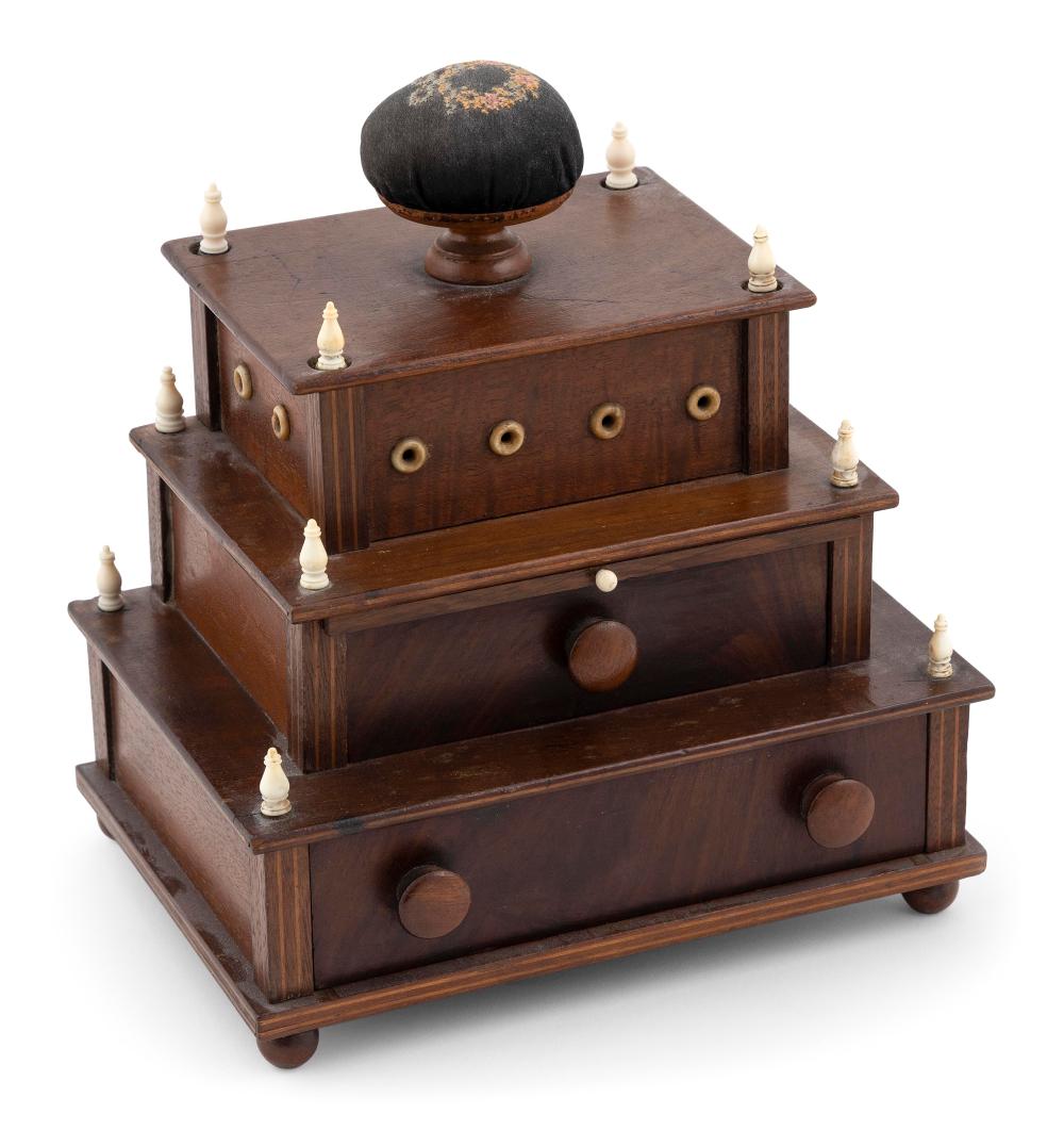 Appraisal: SAILOR-MADE THREE-TIER SEWING BOX TH CENTURY HEIGHT WIDTH DEPTH SAILOR-MADE