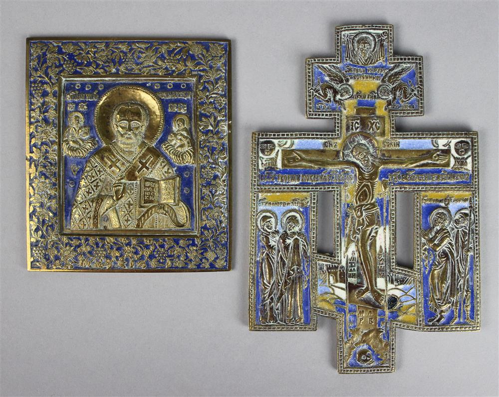 Appraisal: TWO RUSSIAN BRASS AND ENAMEL ICONS the first of rectangular