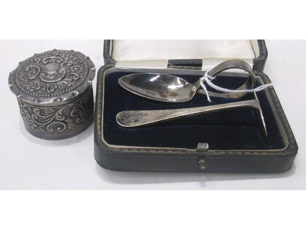 Appraisal: Lot comprising embossed silver box London and a spoon and