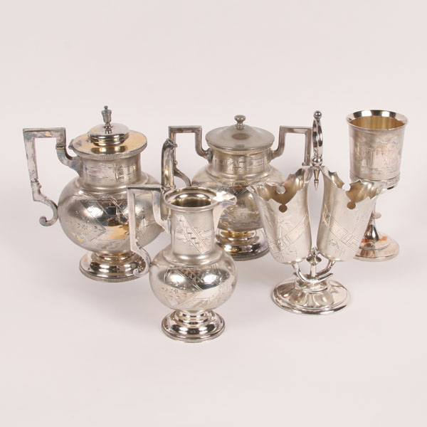 Appraisal: Five pieces Aesthetic silverplate engraved decoration Wilcox tea set Rogers