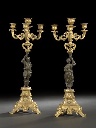 Appraisal: Pair of Napoleon III Gilt- and Patinated Bronze Four-Light Candelabra