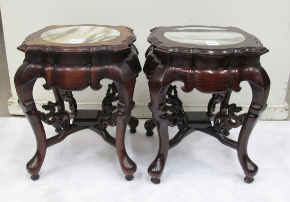 Appraisal: PAIR OF MARBLE-TOP ROSEWOOD OCCASIONAL TABLES Chinese th century each