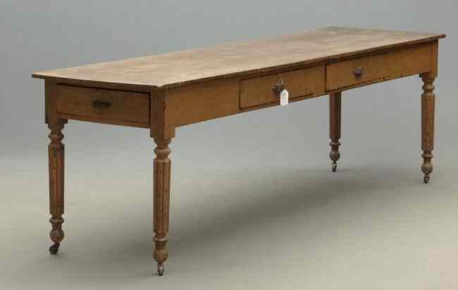 Appraisal: th c drawer farm table in old brown paint top