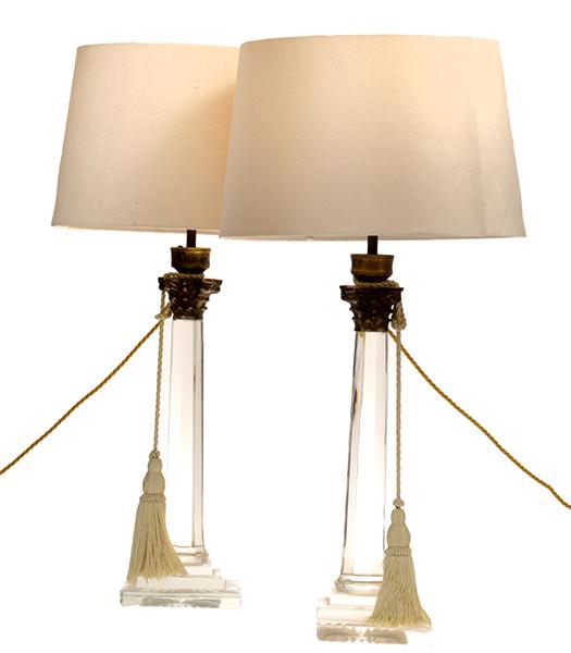 Appraisal: A PAIR OF COLUMNAR GLASS LAMP BASES AND SHADES Each