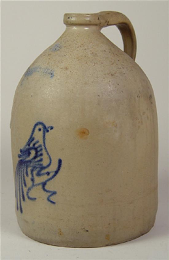 Appraisal: American Stoneware Jug Whites Utica Slip Trailed Cobalt bird minor