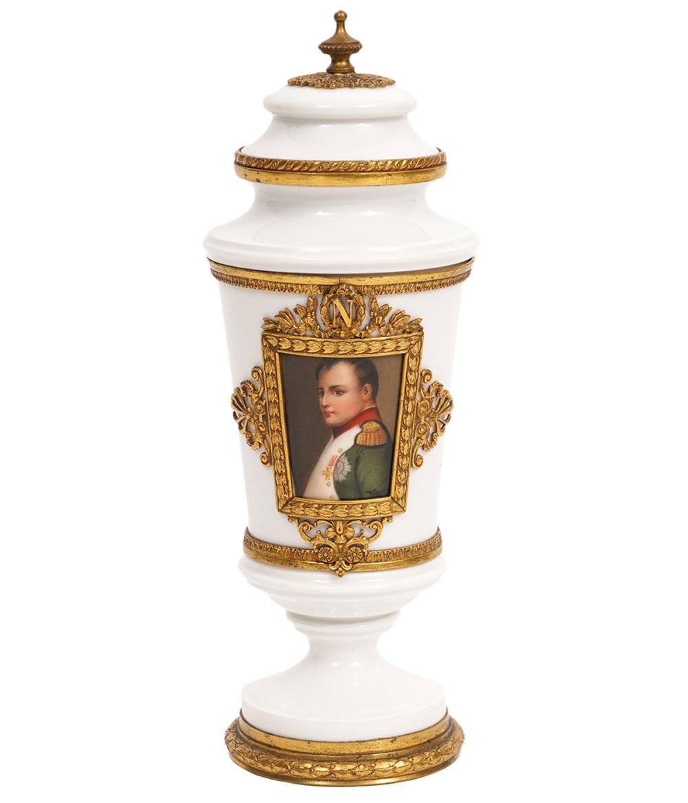 Appraisal: NAPOLEON GILT BRONZE MOUNTED LIDDED URNWhite porcelain gilt bronze mounted