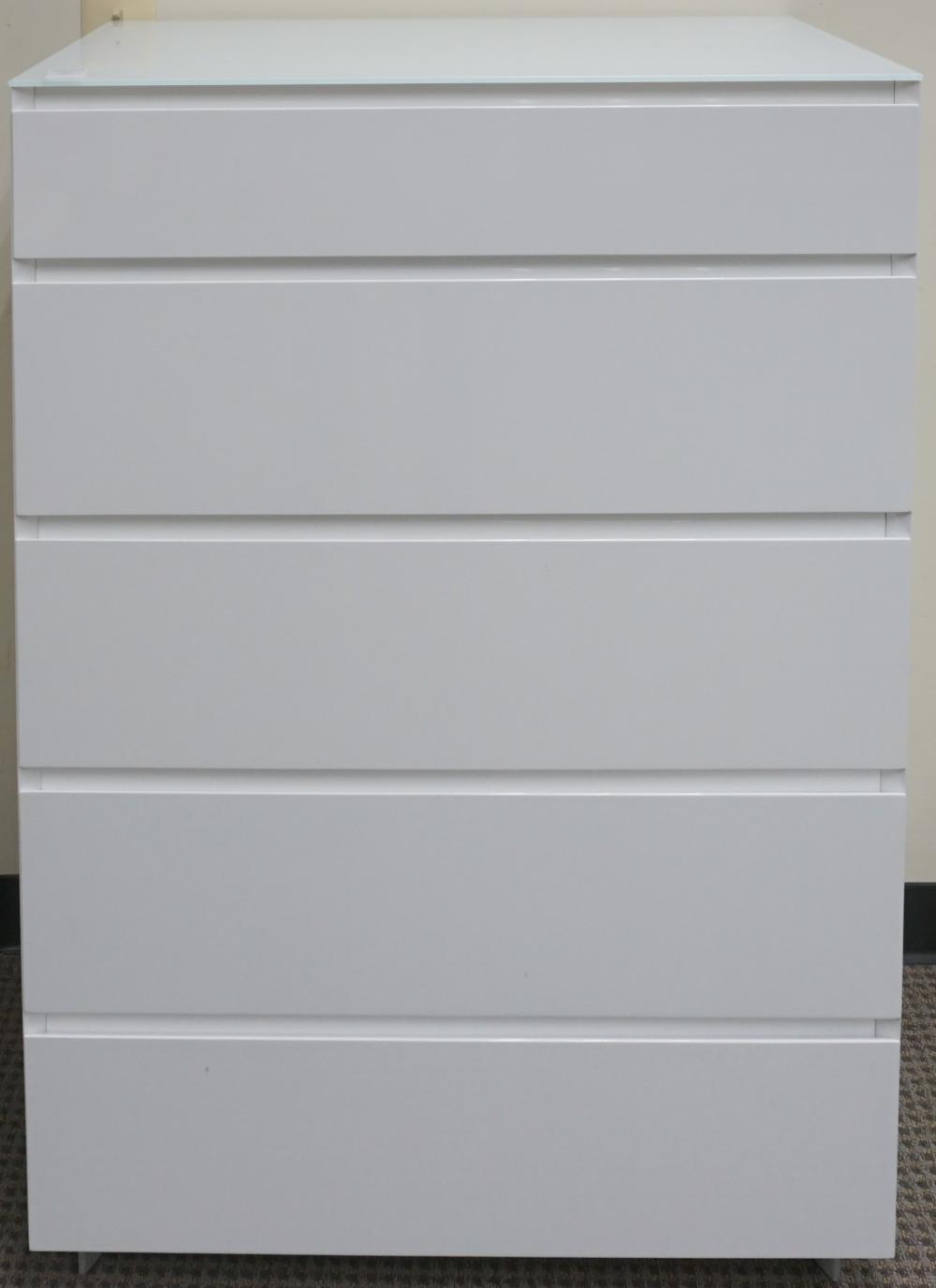 Appraisal: VEX FOR MOBITAL WHITE LAMINATE FIVE-DRAWER CHEST X X IN