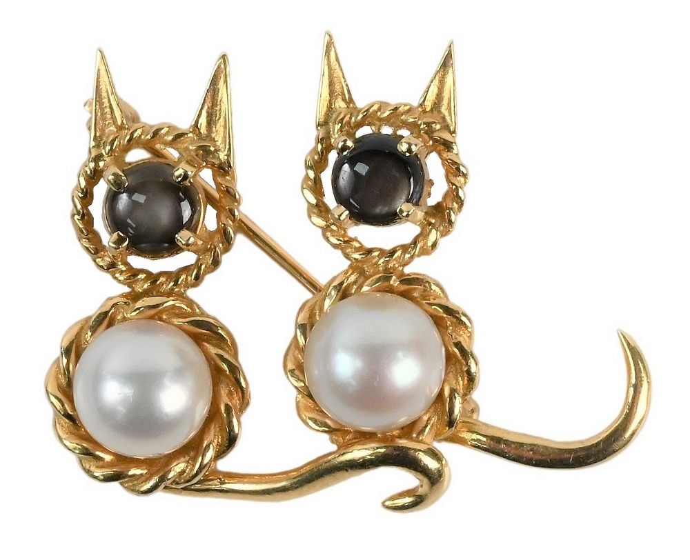 Appraisal: Karat Gold Double Cat Brooch having pearl body and brown