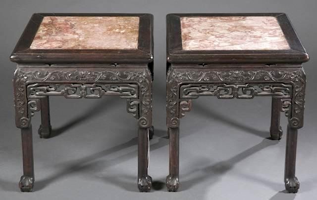 Appraisal: Pair of Chinese rosewood and marble top tabourets A pair