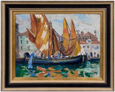 Appraisal: Will Low Bacher painting quot Fishing Boats Chiaggia quot label