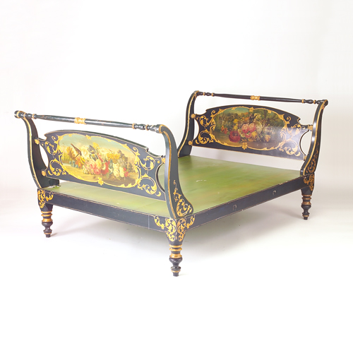 Appraisal: Italian sleigh bed th c fully painted with floral panels