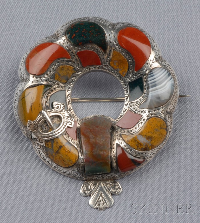 Appraisal: Victorian Scottish Agate Buckled Strap Brooch set with various agates