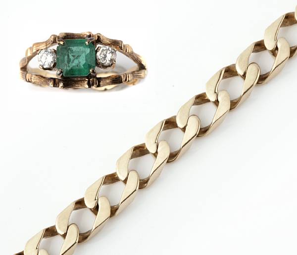 Appraisal: An emerald diamond and k gold bamboo motif ring together