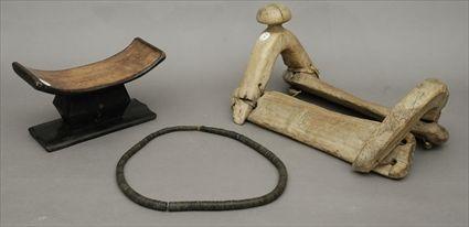 Appraisal: African Headrest Together with a necklace and a wooden saddle