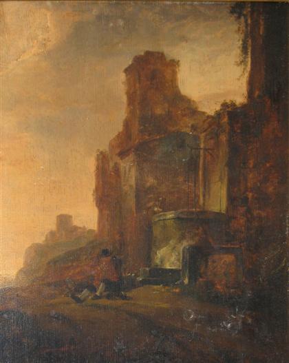 Appraisal: CONTINENTAL SCHOOL th century LANDSCAPE WITH FIGURE AND RUINS Oil