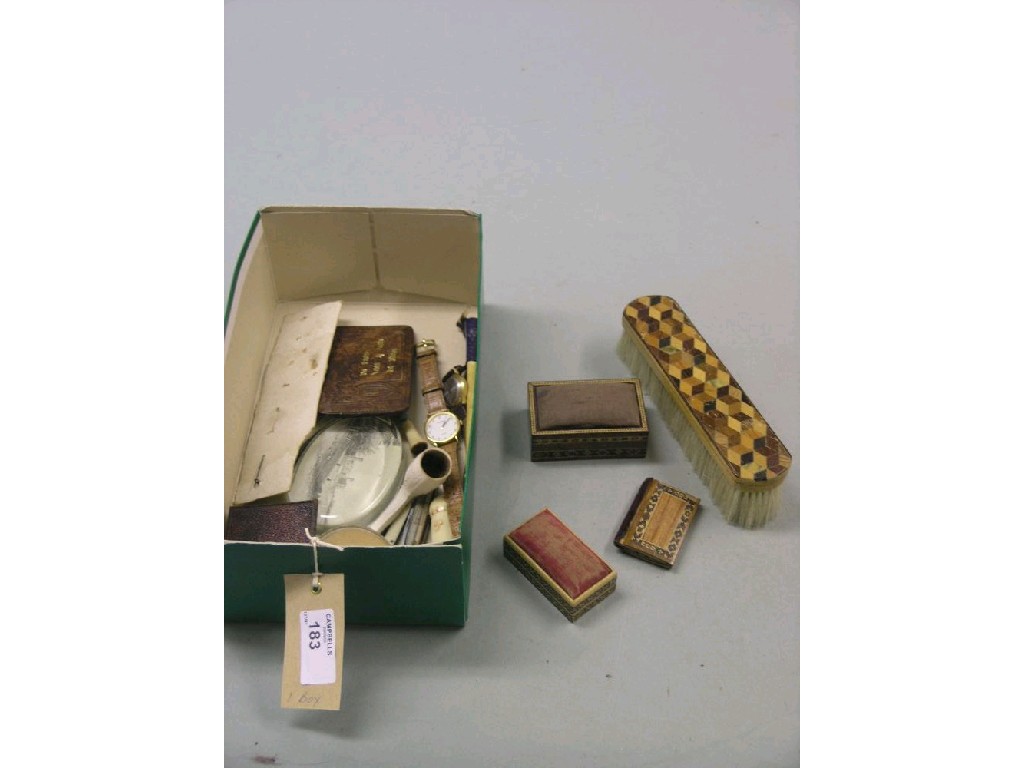 Appraisal: Tunbridgeware to include a clothes brush two pin boxes a