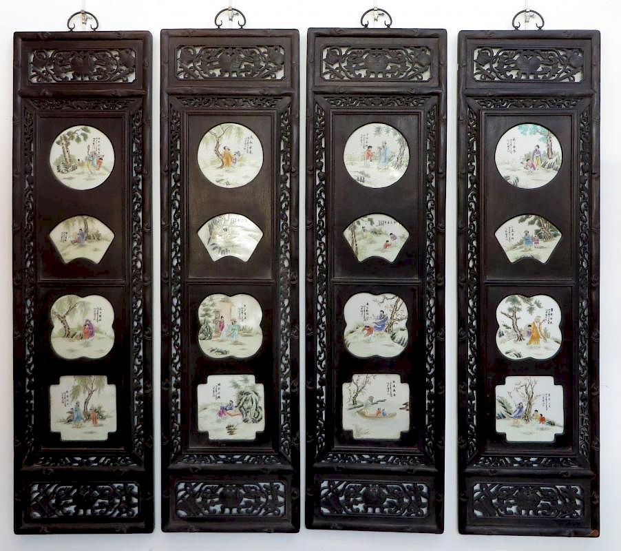 Appraisal: Four Porcelain Panels Famille Rose Four Porcelain Panels Famille Rose