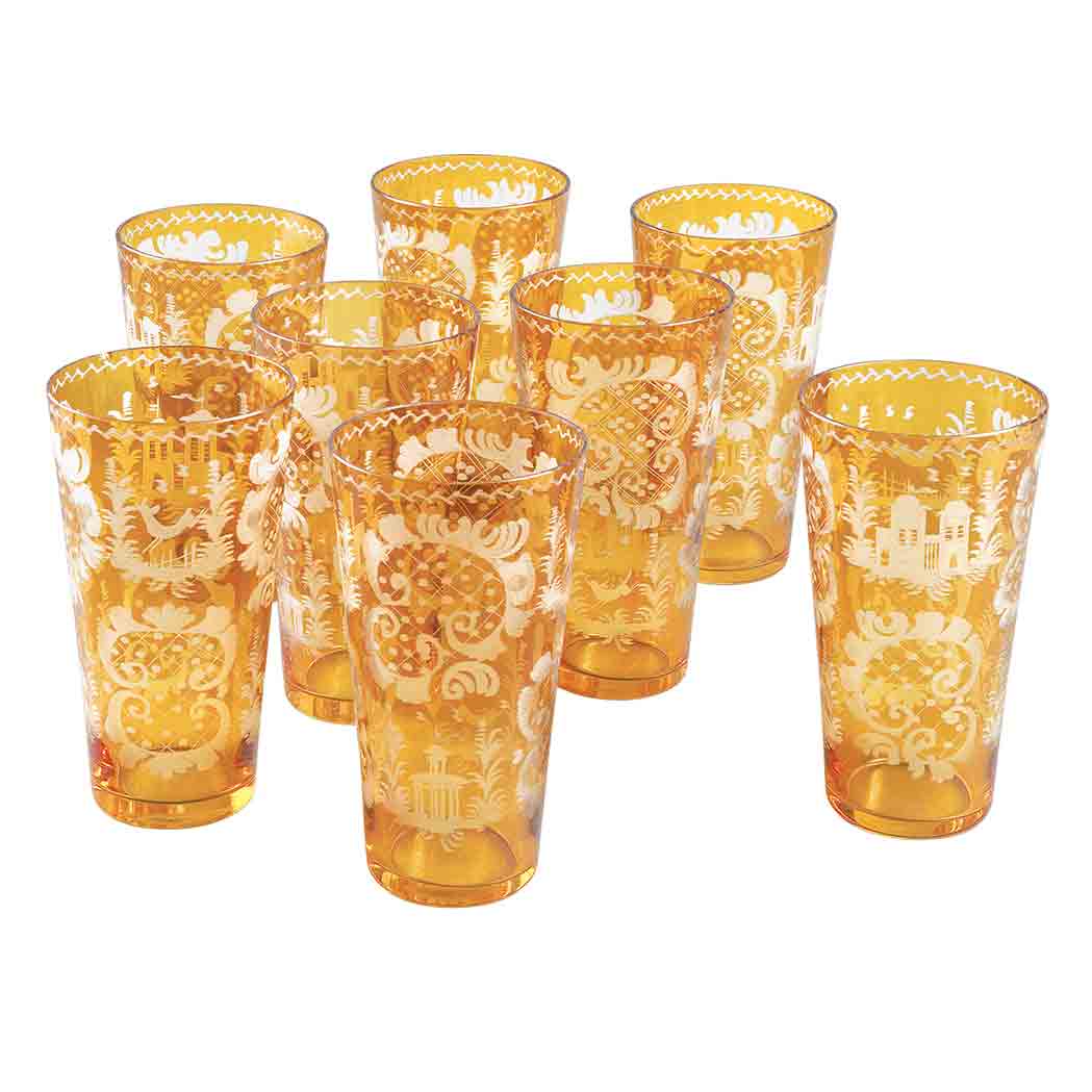 Appraisal: Group of Nine Bohemian Etched Glasses Each with architectural vignettes