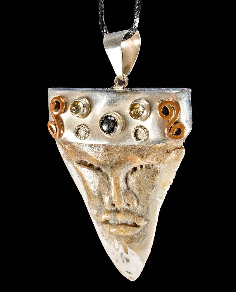 Appraisal: Fossilized Megalodon Tooth Silver Citrine Pendant First Time At Auction