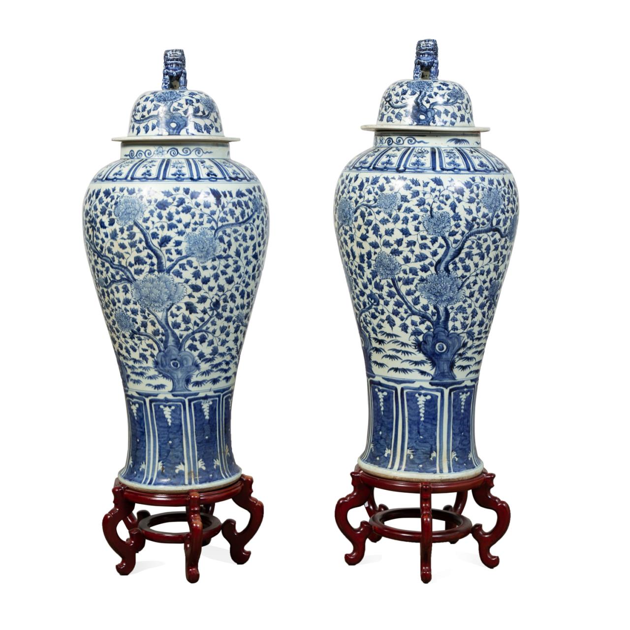 Appraisal: PAIR OF CHINESE BLUE WHITE GINGER JARS W STANDS Pair