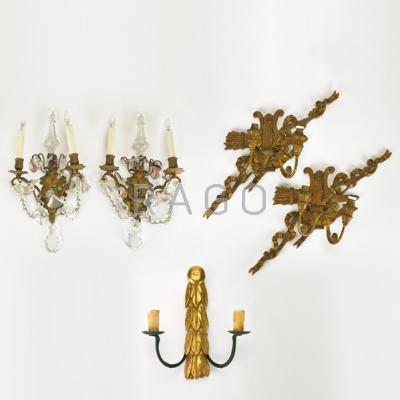 Appraisal: WALL SCONCES Five pieces bronze with clear and amethyst drops