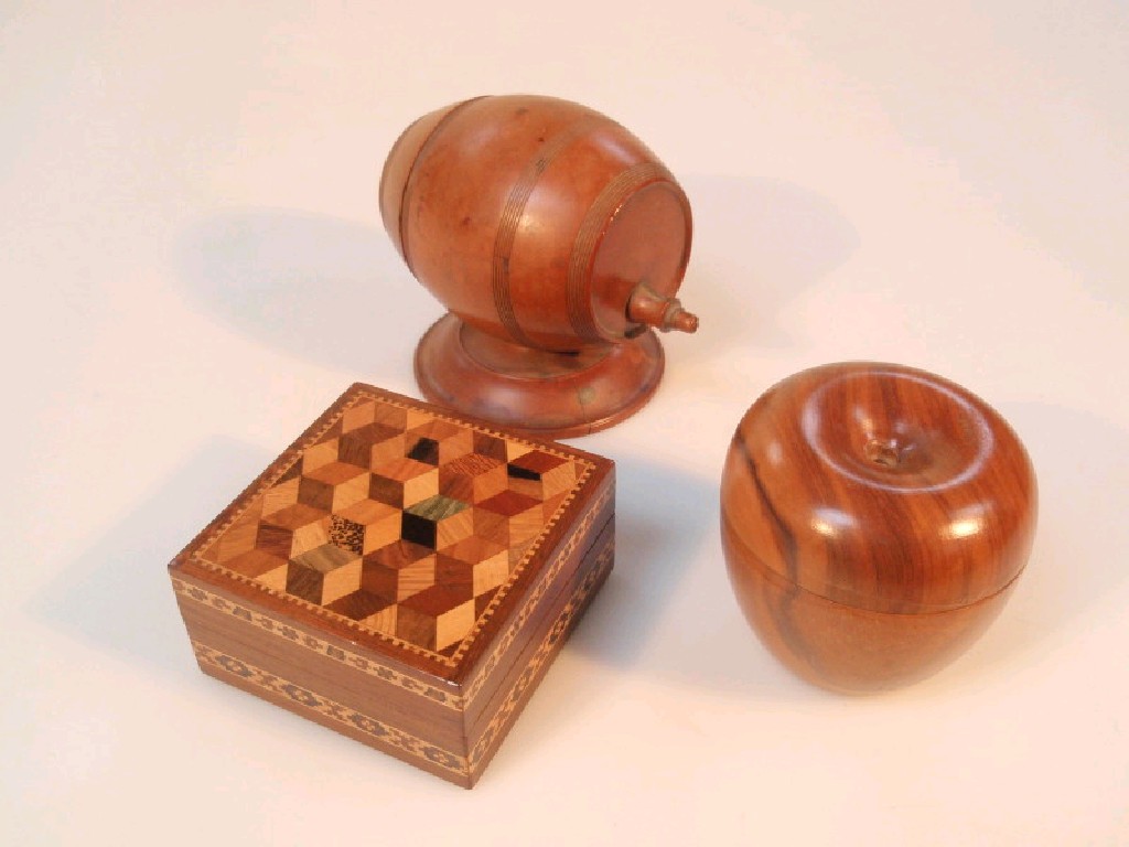 Appraisal: A yew wood string box modelled as a wine barrel