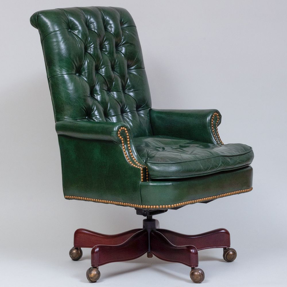 Appraisal: Tufted Green Leather Desk Chair Hickory Raised on casters x