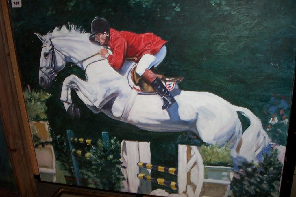 Appraisal: An oil painting on canvas of a show jumper leaping