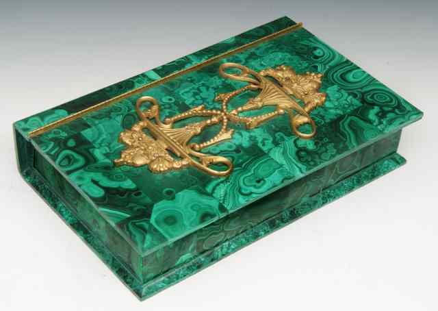 Appraisal: A MALACHITE TABLE BOX in the form of a book