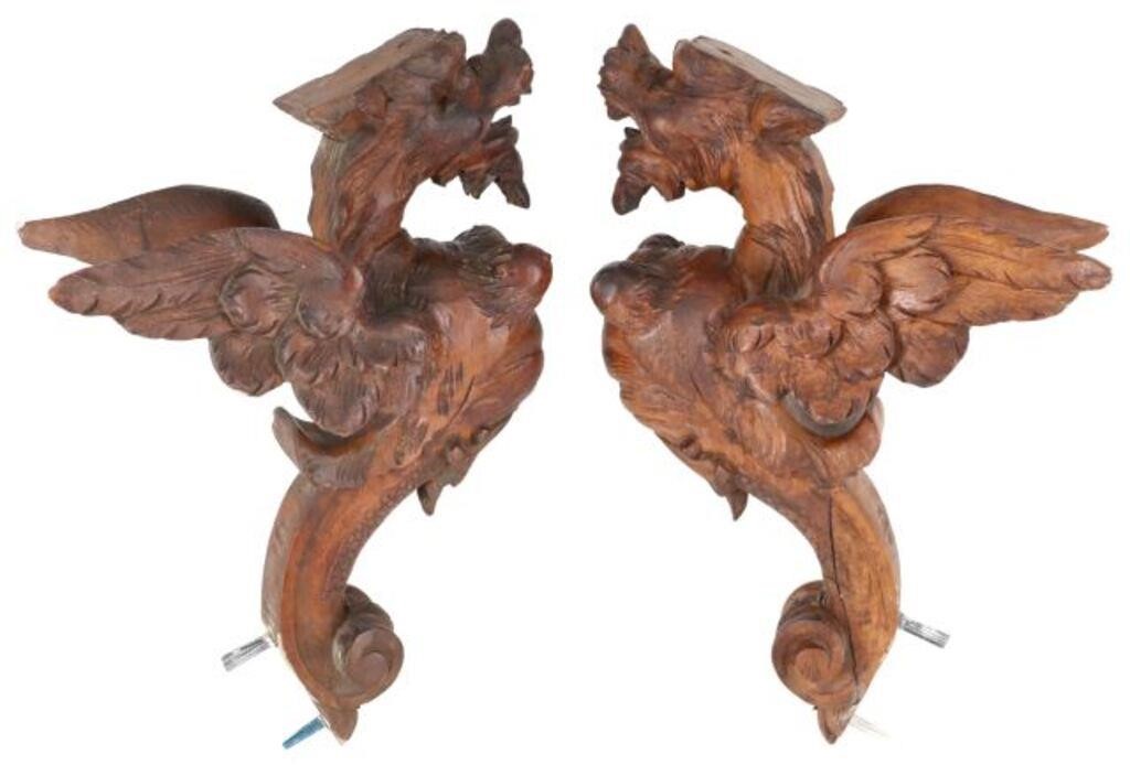 Appraisal: pair Italian carved wood architectural elements modeled as winged griffins