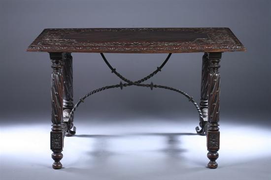 Appraisal: RENAISSANCE REVIVAL CARVED WALNUT TRESTLE-BASE LIBRARY TABLE th century Rectangular