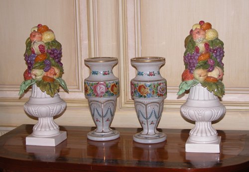 Appraisal: Title Pairs of Painted Glass Vessels and Cornucopia Table Garnitures