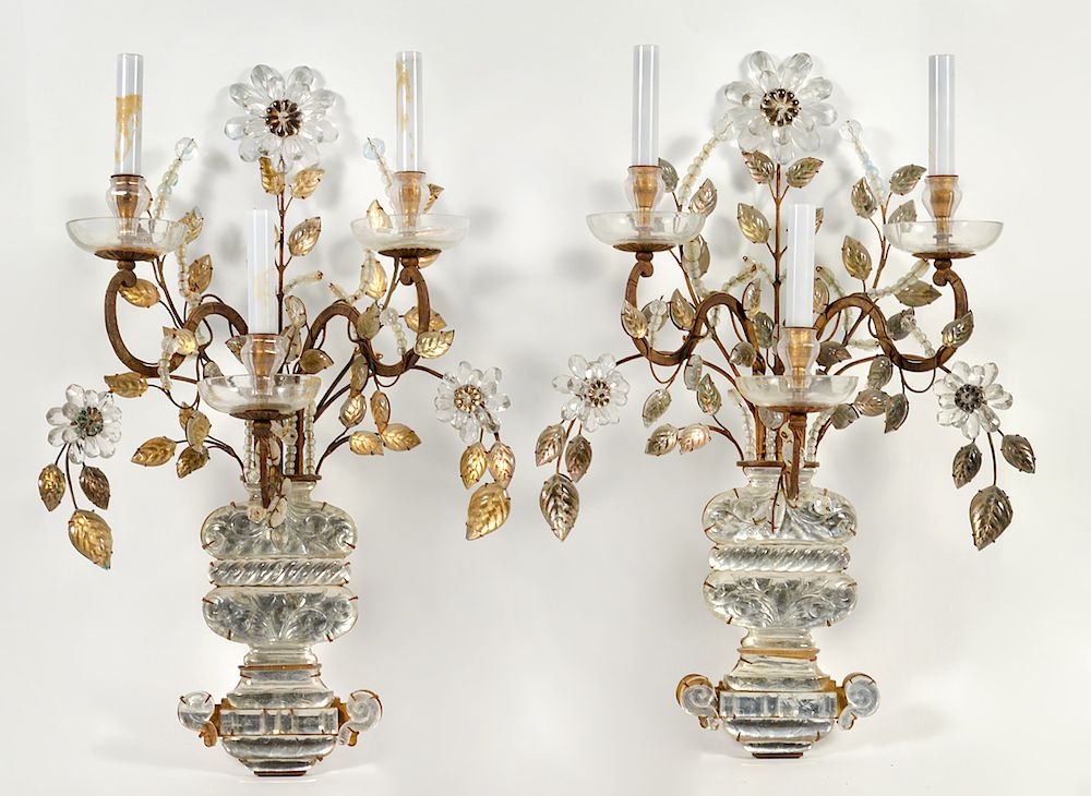 Appraisal: LARGE Pr Bagues Style Crystal Gilt Sconces Pair of Bagues