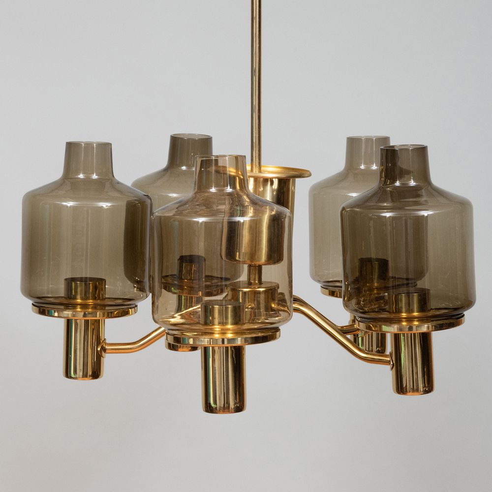 Appraisal: Hans-Agne Jakobsson Brass and Smoked Glass Five-Light Chandelier With label