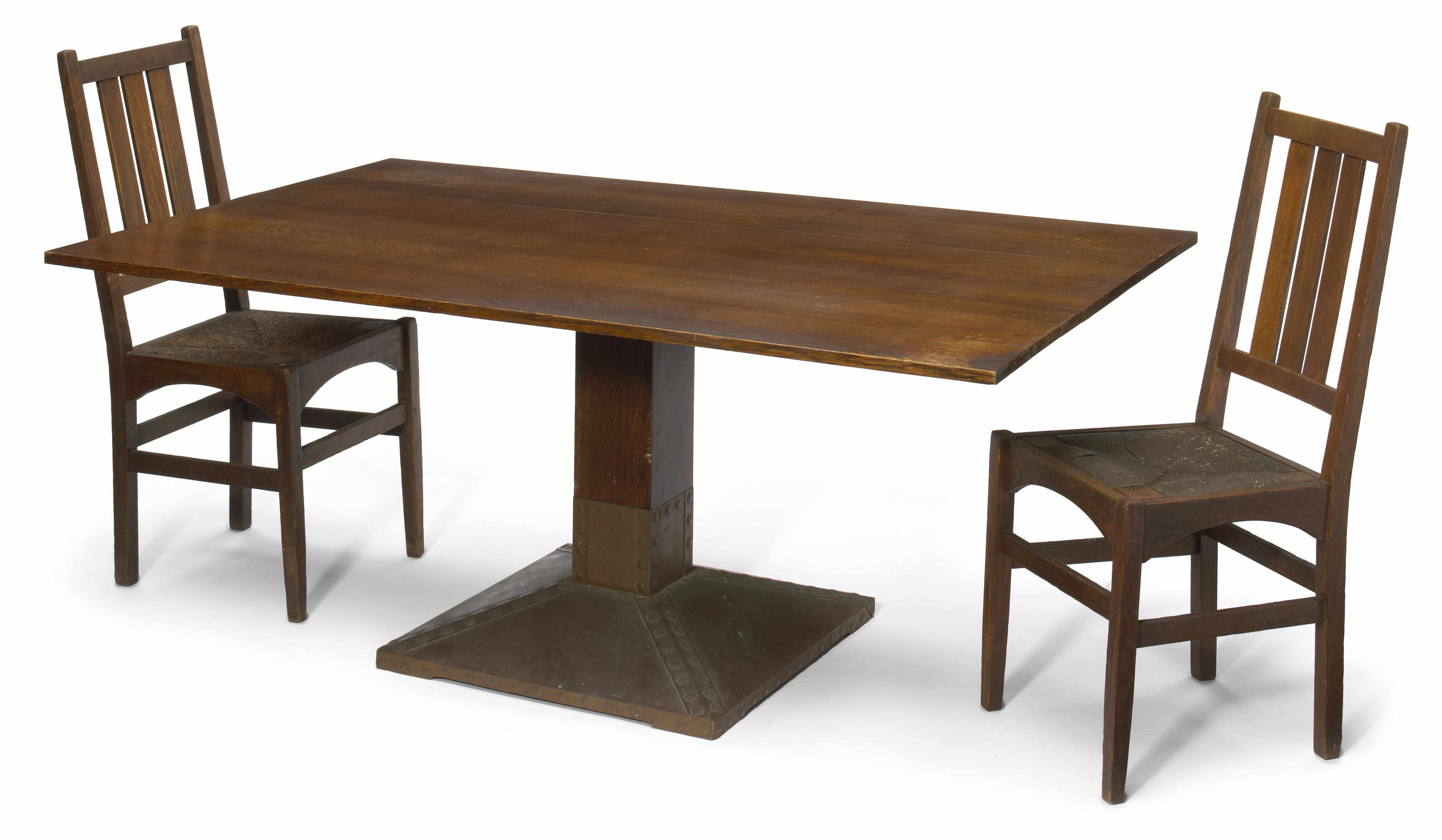 Appraisal: An Arts Crafts oak and copper dining table and six